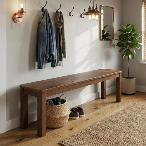 Vista 10 de Banco de comedor 100% madera de roble macizo, banco de entrada de 39.6 pulgadas, asiento extra otomano largo con extremo cuadrado y esquina redonda