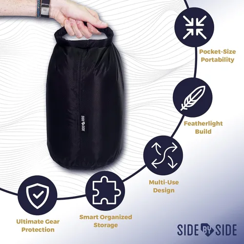 Vista 2 de Bolsa seca pequeña impermeable de 10L para kayak, senderismo, playa y campamento Bolsa lateral ligera y duradera, negra, pequeña, ligera