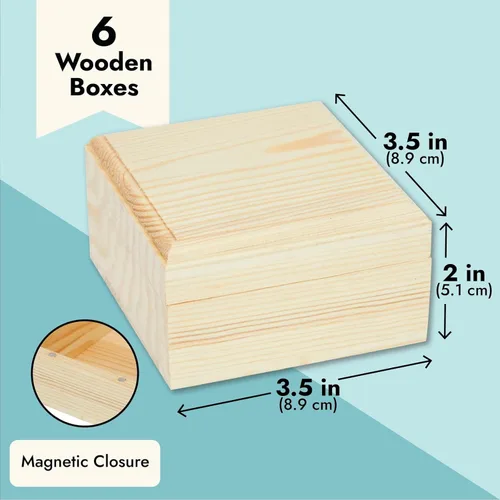 Vista 5 de Bright Creations Juego de cajas de madera con tapas con bisagras, paquete de 6, 3.5 x 3.5 x 2 pulgadas, madera de pino, cajas sin terminar con tapas