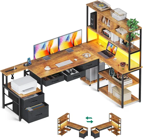 Vista 10 de AODK Escritorio en forma de L de 71 pulgadas con 5 cajones, luz LED y 2 Negro