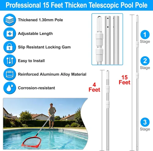 Vista 2 de UPGRADED Pool Pole 15 Foot Telescopic Swimming Pool Poles,Telescopic Pool Cleaning Pole,Adjustable Professional Pole for Skimmer