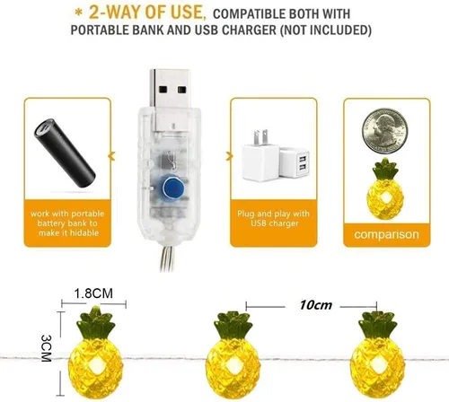 Vista 4 de Guirnalda de luces decorativas de piña, 14 pies, 40 LED, 8 modos, funciona con USB, con temática oceánica, para dormitorios, fiestas, bodas, jardín