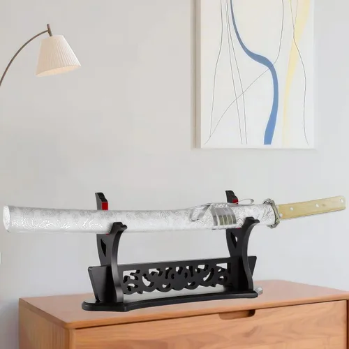 Vista 4 de Soporte de espada con patrón hueco, soporte de exhibición de varitas Katana, soporte de soporte de espada samurai (1 nivel)