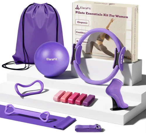 Vista 10 de ElaraFit Home Pilates Ring and Ball Set for Women with 5 Resistance Bands 13 inch Magic Circle Workout Starter Kit for Beginners Full Body Toning 15