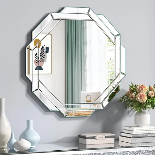 Vista 11 de Espejo de baño dorado de 20 x 20 pulgadas, espejo de pared helicoide decorativo, con borde biselado hexagonal sin marco para pared, baño, tocador