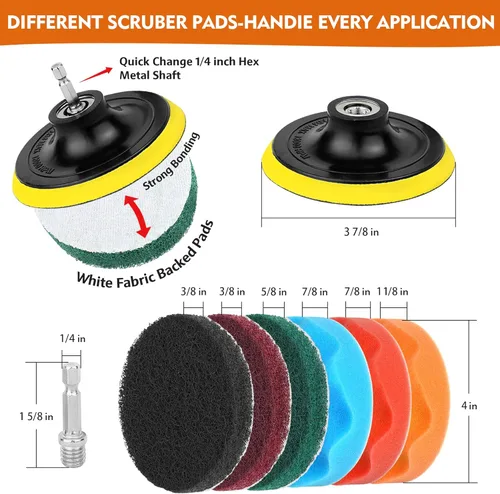 Vista 4 de Accesorios para cepillos de taladro, 20 almohadillas de limpieza y cepillo de esponja con varilla larga extendida multiusos para lechada, superficie
