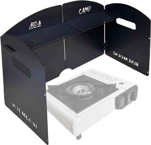 Parabrisas para estufa de camping con estante, 4 placas de acero, negro, grande