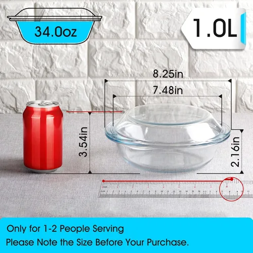 Vista 2 de Mini-1 Litro Cazuela de vidrio con tapa, horno redondo seguro de vidrio para hornear con asas