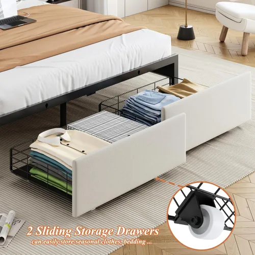 Vista 5 de Base de cama tamaño matrimonial con cabecera de almacenamiento y 2 cajones, base de cama tapizada con luces LED y práctica estación de carga, no Gris