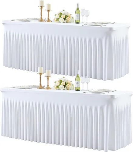 Vista 24 de Paquete de 2 manteles color azul bebé para mesas rectangulares de 6 pies, mantel ajustable de elastano, fundas de mesa elásticas de 6 pies, manteles