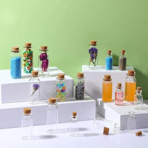 Vista 5 de Dandat 100 frascos de vidrio pequeños con tapones de corcho, 0.2 fl oz, 0.3 fl oz, 0.5 fl oz, decoración de bricolaje, pequeños frascos de vidrio
