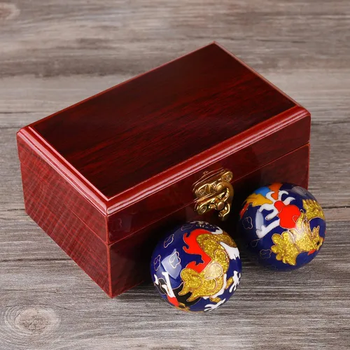 Vista 6 de BRABUD Bolas de Baoding de 1.97 pulgadas para ejercicio de mano, bolas de estrés con campanillas, patrón de dragón y fénix, bolas azules con caja