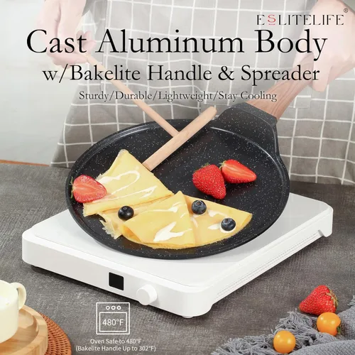 Vista 4 de ESLITE LIFE Sartén para Crepas de 11 Pulgadas con Esparcidor, Sartén Antiadherente con Revestimiento de Granito Dosa, Sartén Roti Tawa Comal Para