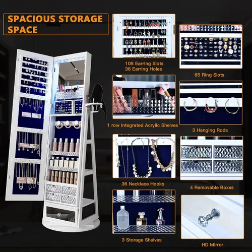Vista 4 de HNEBC Armario giratorio de 360 con espejo, organizador de joyas de pie con luces LED, espejo de longitud completa con almacenamiento de joyas, cajas