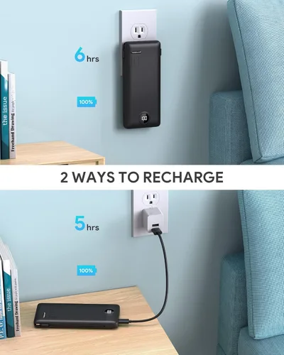 Vista 6 de TURBOAMP Cargador portátil con cables integrados, batería externa de 10000 mAh con 5 salidas y 2 entradas LED, enchufe de pared de CA integrado