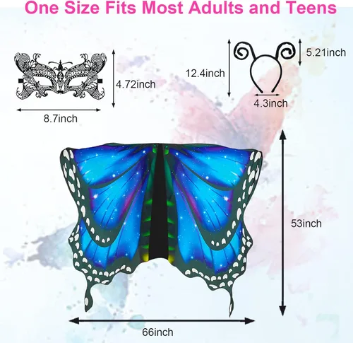Vista 3 de Disfraz de alas de mariposa para mujer, alas de hada, disfraz de Halloween, capa de mariposa con máscara y diadema de antenas