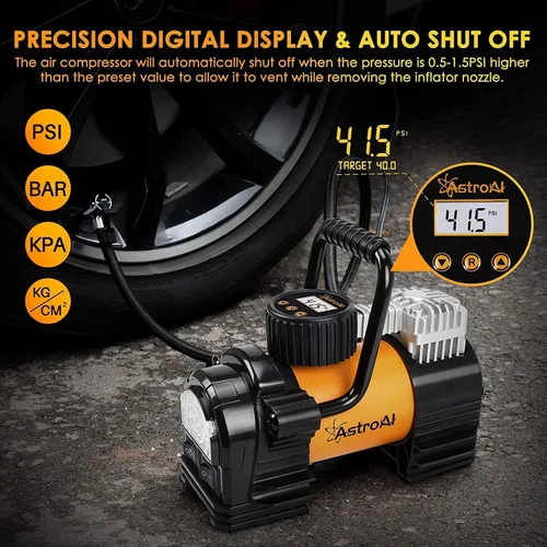 Vista 2 de AstroAI Compresor de aire, inflador de neumáticos, bomba de aire portátil para neumáticos de automóvil, bomba digital de 12 V CC, 150 PSI con luz