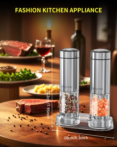 Vista 4 de CIRCLE JOY Juego de molinillo eléctrico de sal y pimienta a pilas con base, molinos de pimienta de acero inoxidable con recipiente de 3.2 fl oz, luz
