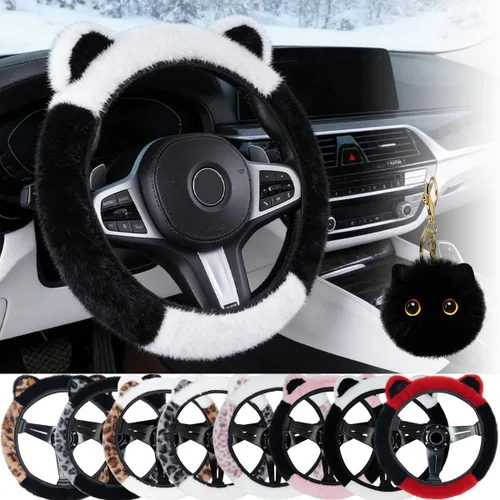 Funda esponjosa para volante de automóvil, fundas de volante de 14 a 15 pulgadas con bonitas orejas, llavero protector elástico universal para Negro