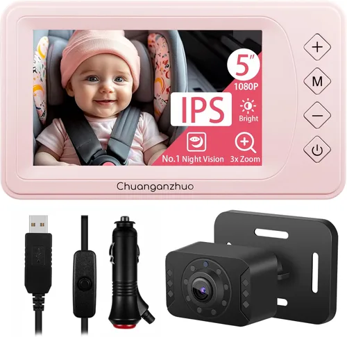 Vista 10 de Cámara de coche de bebé de 5 pulgadas con visión nocturna NO.1, alimentada por USB, modo espejo/normal, monitor de bebé de coche transparente IPS