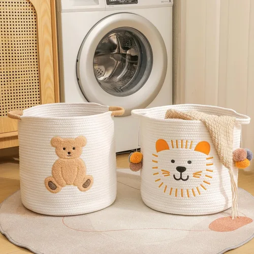 Vista 7 de Cestas grandes de manta para decoración de sala de estar, cestas de almacenamiento de juguetes tejidas con cuerda de algodón, cesta de Oso