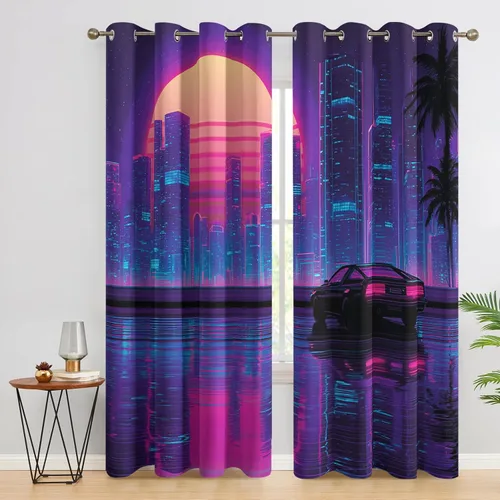 Retro Synthwave Curtains Blackout, 80s Neon Cityscape Cyberpunk Curtains, 96 Inch Drapes, Eyelet Thermal Window Treatments for Bedroom, Living Room,