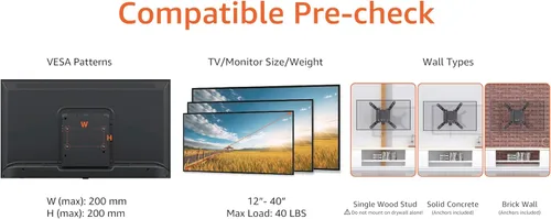 Vista 2 de Amazon Basics Soporte de pared fijo plano para TV se ajusta a TVs de 12 a 40 pulgadas y VESA 200x200, negro