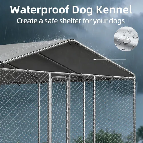 Vista 3 de Perrera grande para perros de 15.3 x 15.3 pies con cubierta impermeable y cerradura de seguridad (183.1 x 183.1 x 83.1 pulgadas)