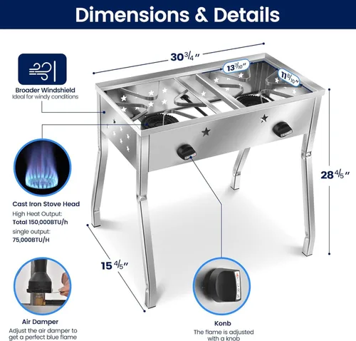 Vista 4 de ARC - Estufa de doble quemador de 150,000 BTU con juego de comal Discada de 23 pulgadas Utensilios de cocina para acampar al aire libre