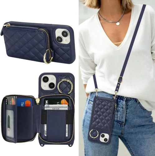 Vista 7 de Funda tipo cartera con bandolera para iPhone 15 Pro Max, funda de piel sintética con cierre de cremallera, funda tipo atril con ranuras para Oro Rosa