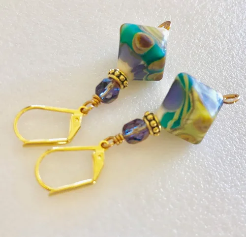 Vista 2 de Lavender and Teal Lampwork Earrings, Lavender Teal Lime Green Glass, Artisan Handmade Glass, Diamond Pyramid Beads, Czech Glass, Bohemian.