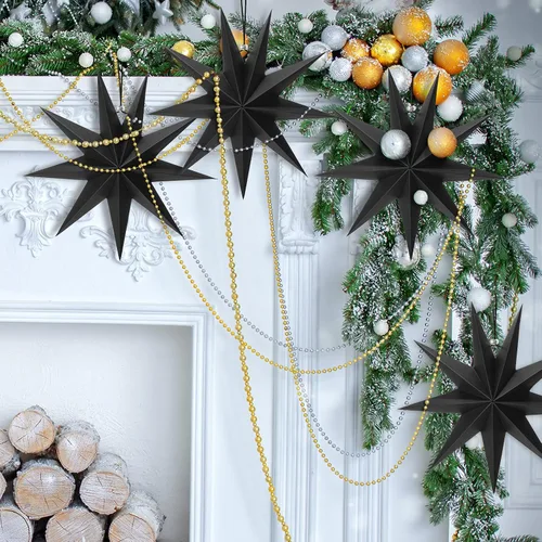 Vista 5 de 3 linternas de papel de 9 puntas de 12 pulgadas, pantalla colgante de papel con forma de estrella para Navidad, bodas, fiestas de cumpleaños y Negro