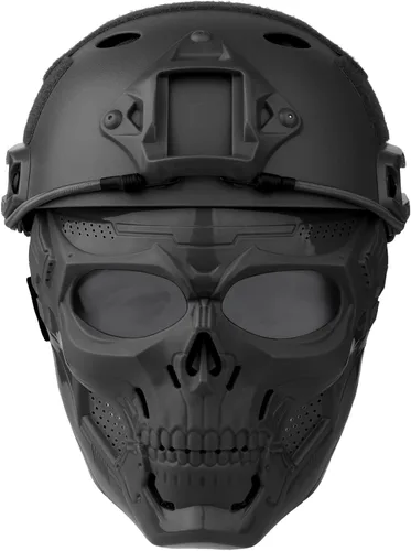 Vista 43 de Casco y máscara de Airsoft, máscara de cara completa con gafas desmontables, casco negro de paintball con soporte NVG y riel lateral, equipo táctico