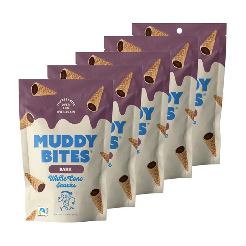 Muddy Bites - Pasabocas de cono de gofre rellenos de chocolate en tamaño bocado para aperitivo o postre, cobertura de helado, chocolate premium