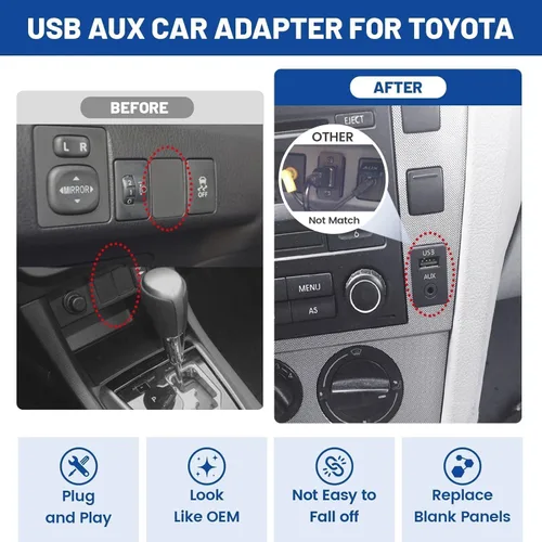 Vista 4 de Anina USB AUX Montaje empotrado para Toyota, cable de extensión AUX de 0.138 in para salpicadero de automóvil macho a hembra, adaptador de enchufe