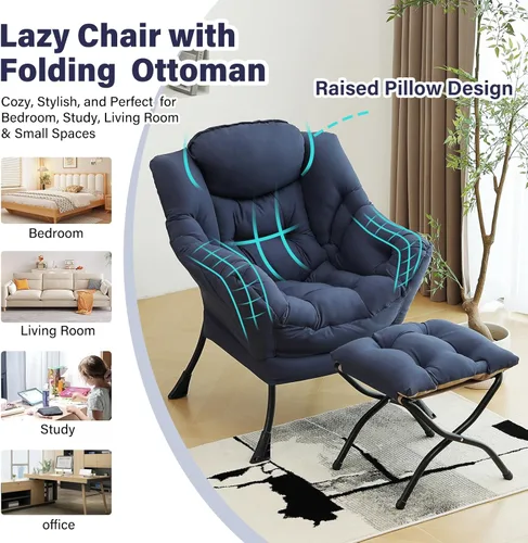 Vista 188 de Silla Lazy con otomana, silla moderna con reposapiés plegable, silla de acento de salón, cómoda silla de lectura para dormitorio, estudio, sala