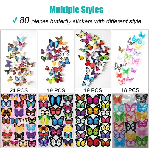 Vista 2 de 80 calcomanías de pared de mariposa, impermeables, extraíbles, reutilizables, plegables, de plástico, mariposas, para decoración del hogar