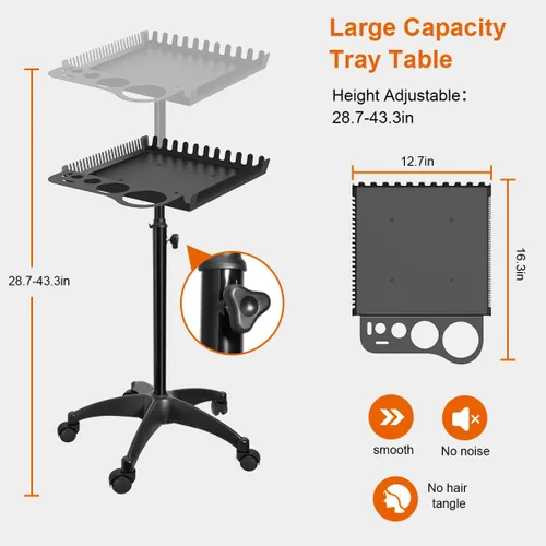 Vista 7 de Bandeja rodante de salón con 2 cuencos magnéticos, carrito de herramientas profesional, bandeja de extensión de cabello para peluqueros, bandeja