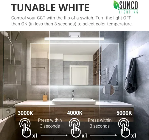 Vista 2 de Sunco Lighting Moderna lámpara de tocador, luces LED de barra de baño, 15 W = 100 W, blanco seleccionable (3000 K/4000 K/5000 K), acabado cromado