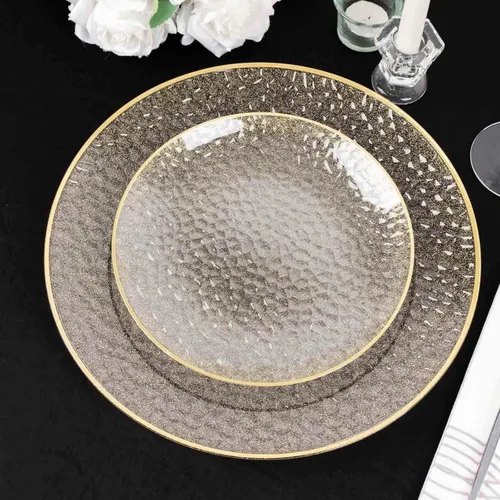 Vista 27 de Efavormart 10 Pack Platos transparentes rosa martillados de 7" de plástico para postres y aperitivos con borde dorado, platos desechables
