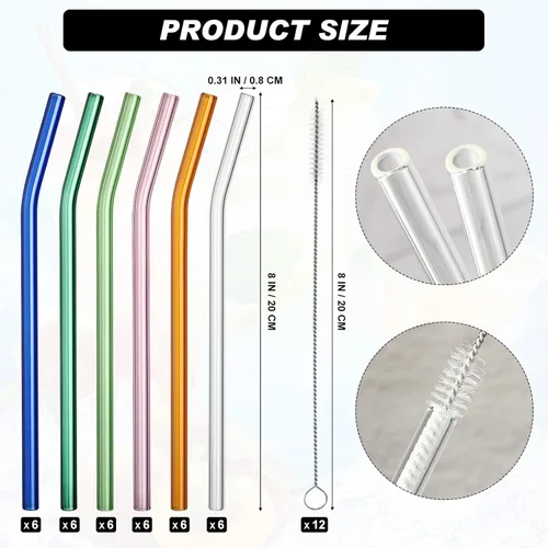 Vista 2 de Hosuly 36 pajitas de vidrio reutilizables a granel de 8 pulgadas x 0.315 in, dobladas de vidrio curvadas con cepillos de limpieza, popote de viaje
