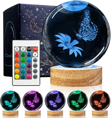 Vista 11 de Luz nocturna de bola de cristal de ajolote 3D con control remoto, lámparas de bola de vidrio de ajolote de 3.15 pulgadas con base de madera LED