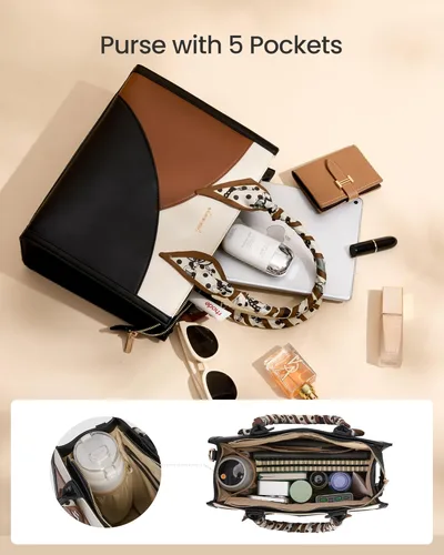 Vista 3 de LOVEVOOK Medium Purses and Handbags for Women, Satchel Top Handle Bag with Strap, PU Leather Tote Shoulder Purse with Scarf