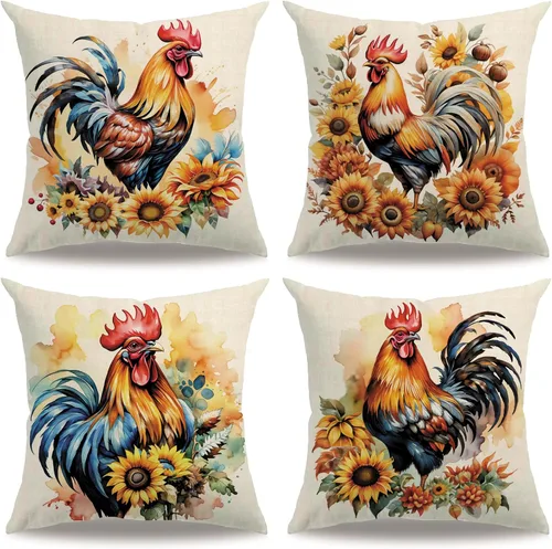 Vista 9 de Funda de almohada de gallo de granja de 18 x 18 pulgadas, fundas de almohada vintage de gallo francés con borde de damasco, fundas de almohada