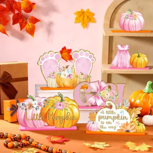 Vista 3 de 6 piezas de decoración de otoño para baby shower de calabaza para niñas, decoración de mesa de otoño de madera para baby shower, centros de mesa