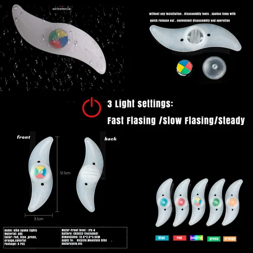 Vista 2 de 5 luces LED coloridas para rueda de bicicleta, impermeable, fácil de instalar, luces LED con 3 modos, para decoración de radios de bicicleta