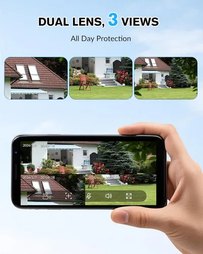 Vista 4 de KEPEAK Solar Security Camera Outdoor Wireless, Dual Lens PTZ WiFi Camera 2.4G, IP66 Outdoor Camera with Three-View Display