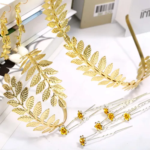 Vista 5 de WILLBOND 15 pulseras de disfraz griego hojas doradas corona de novia aretes de perlas y horquillas para el cabello estilo clásico