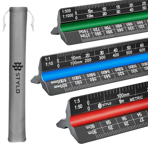 Vista 9 de Stylo Regla de escala de arquitecto de aluminio de 12" con grabado láser, regla triangular de dibujo, ranuras codificadas por color para planos, Gris