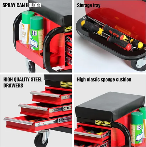 Vista 8 de Caja de herramientas con asiento de arrastre incorporado, asiento rodante para taller de garaje, cofre de herramientas resistente con 3 cajones y 4